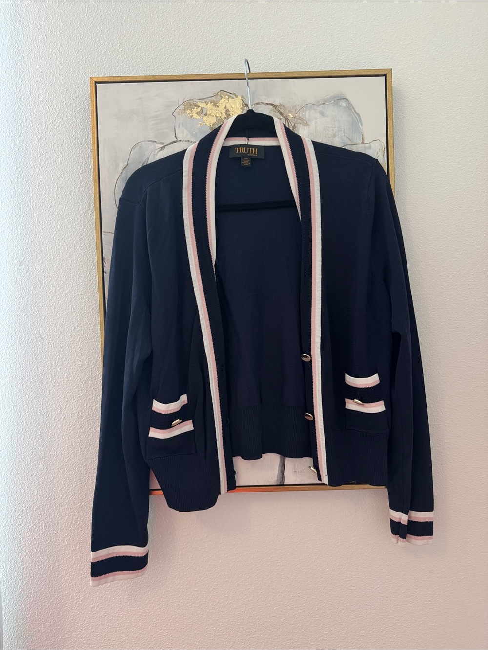 6/14 Truth Navy Sweater with Pink and White Stripe Trim and Gold Button
